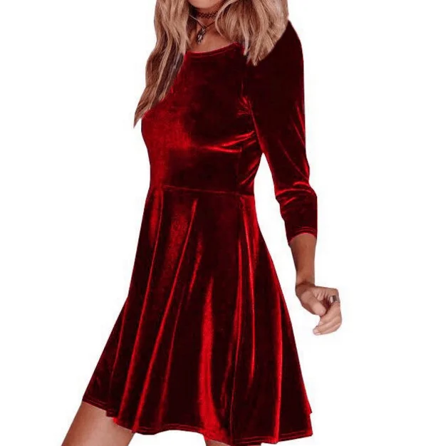 Осеннее Замшевое платье с круглым вырезом и длинным рукавом, бархатное платье для женщин, модные однотонные элегантные платья, женские вечерние мини-платья трапециевидной формы - Цвет: red