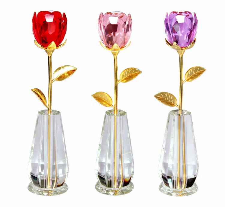Beautiful Color Crystal Rose with Cute Vase Handmade Valentines Gift
