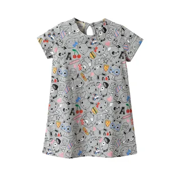 

Girl's O-neck Short Sleeve Casual Multiple Animal Mixed Grey Summer A-line Top Dresses 100% Cotton Girl's Streetwear Dresses