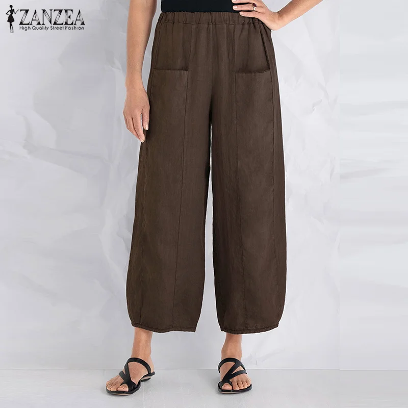 

Plus Size ZANZEA Women Summer Elastic Waist Solid Loose Cotton Linen Harem Pants Casual Pockets Wide Leg Trousers Work Pantalon