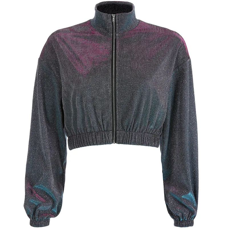 2019 Chic Women Glitter Short Jacket Shinny Front Zipper Turtleneck Korean Sliver Jacket Long Sleeve Crop Top Female Coats