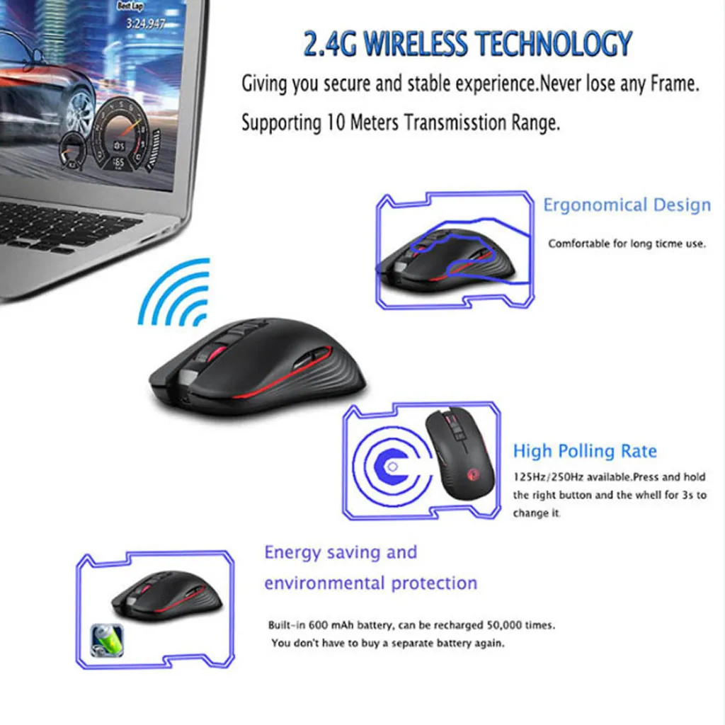 Беспроводная игровая мышь VOBERRY M600 2 4 ГГц 7 портативных кнопок для ноутбука