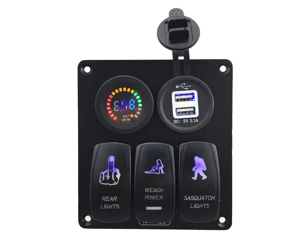 

DC12V-24V Double USB 3.1A Power Outlet Charger Socket DC 12V led voltmeter 3 Gang blue Rocker Switch Panel for Marine Boat