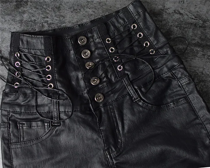 Europe and the United States women's ultra-high waist 5 grain buckle bilateral waist belt decorative coating imitation leather stretch denim feet pants PU (11)