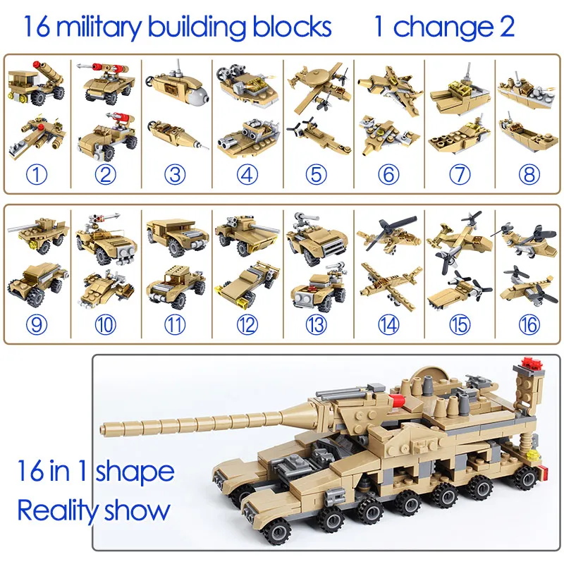Billige 16 In 1 Armee WW2 Tank Hubschrauber Bausteine Kits Kompatibel Legoing Militär Fahrzeuge Waffen Figuren Ziegel Spielzeug für Jungen