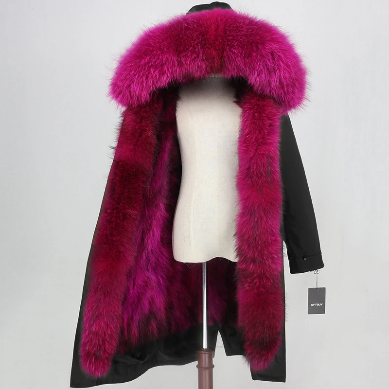 Верхняя одежда из водонепроницаемой ткани OFTBUY, длинная парка, зимняя куртка, женская шуба из натурального Лисьего меха, воротник из натурального меха енота, капюшон, уличная одежда - Цвет: black rose red