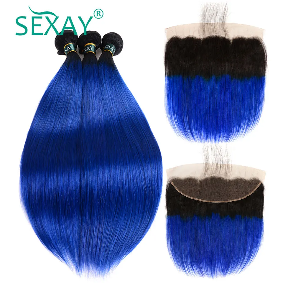 

Ombre Bundles With Frontal Pre Plucked With Baby Hair SEXAY Ombre Blue Bundle With 13x4 Frontal Non Remy Brazilian Straight Hair