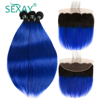 

Ombre Bundles With Frontal Pre Plucked With Baby Hair SEXAY Ombre Blue Bundle With 13x4 Frontal Non Remy Brazilian Straight Hair
