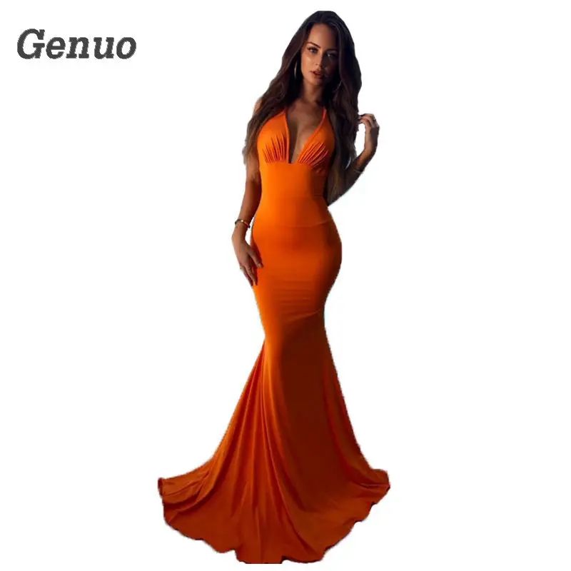 

Genuo Sexy Backless Summer Long Dress Halter Neck Maxi Dresses Slim Dance Formal Dresses Evening Party Gown Maxi Dress Vestidos