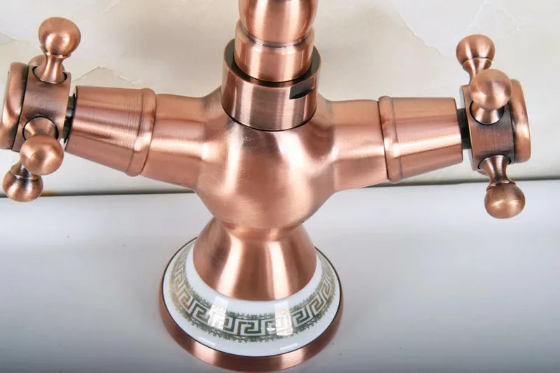 Antique Red Copper Brass Dual Cross Handles Bathroom Kitchen Basin Sink Faucet Mixer Tap Swivel Spout Deck Mounted mnf619