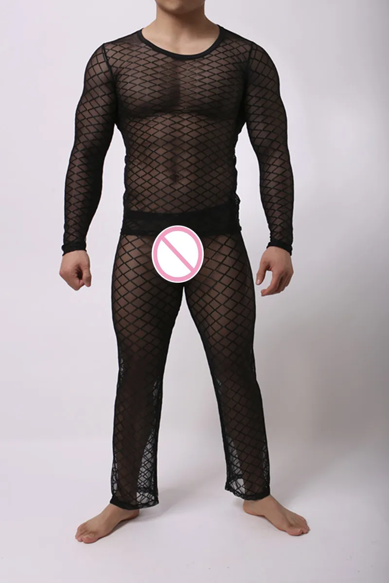 Fashion Men's Mesh Argyle Transparent Sleep Pajama Sets Sexy Bodybuilding T Shirts And Long Pants men's cotton pajama pants with pockets