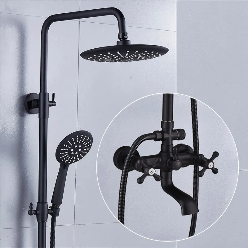 Black Shower Set With Brass Mixed Tap Household Wallmounted Round Head