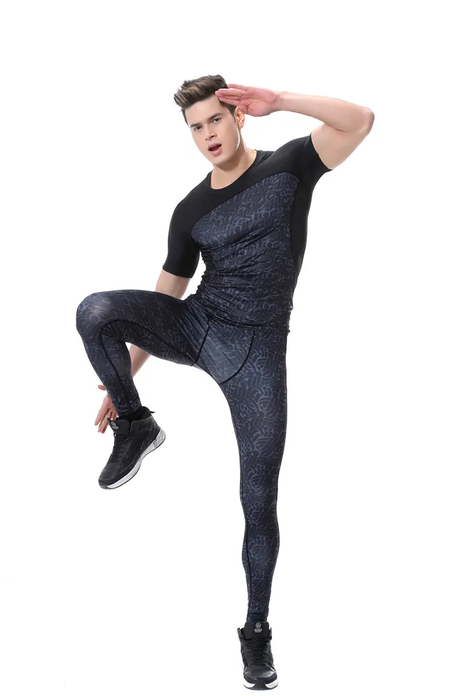 Новый 2019 Фитнес Для мужчин комплектов сжатия рубашки + леггинсы Base Слои Crossfit брендовая футболка с длинным рукавом Костюмы