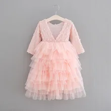 Новинка, платья покроя «Принцесса» для девочек, кружевное платье с длинными рукавами платье с орнаментом из цветов с юбкой из тюля с длинными Длина