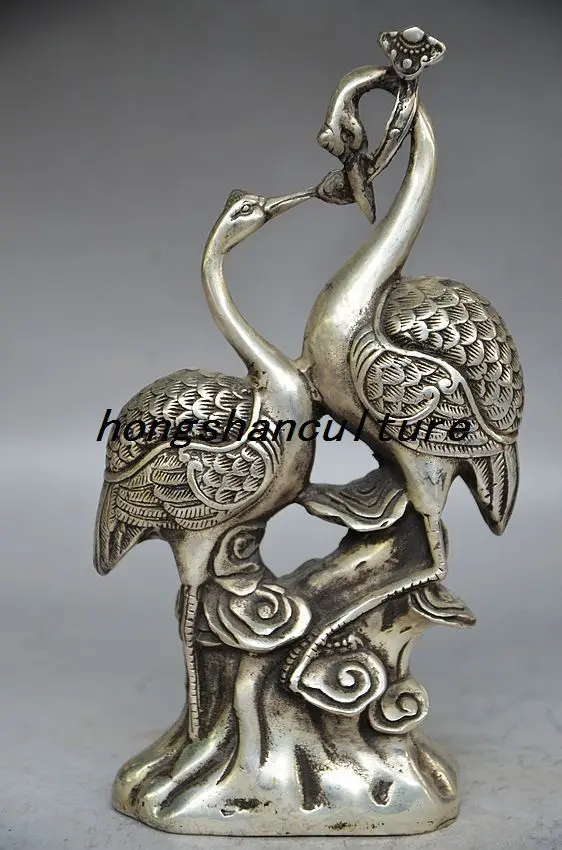 

67110355+++SUPERB SILVER COPPER HANDWORK CARVED CRANE STATUE