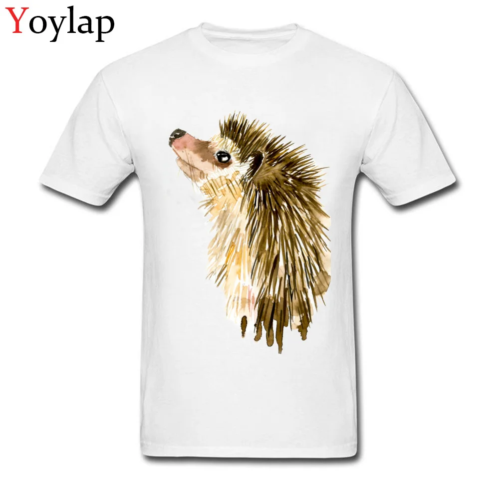 Adult T Shirt Crazy Normal Short Sleeve Summer Fall Tops T Shirt Plain Round Collar 100% Cotton Tee-Shirt Watercolor Little Hedgehog white