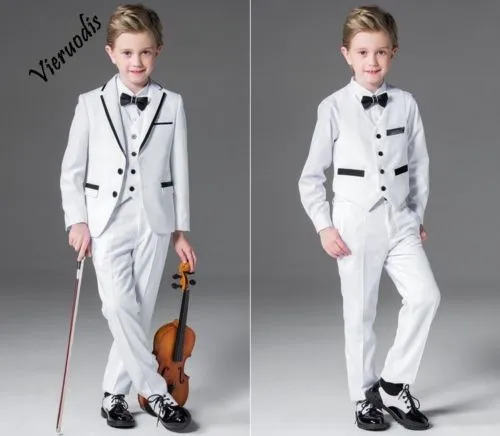 101-1    White 3 Piece Wedding Groom Tuxedos Flower Boys Children Formal Prom Party Suits