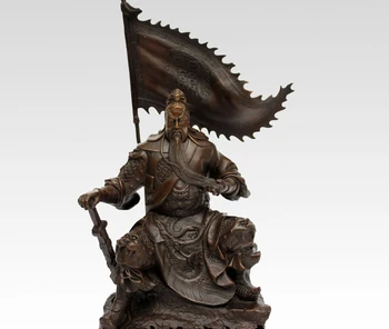 

10''China Bronze Knight Warrier Soldier Guangong Hold Sword Dragon Flag Statue