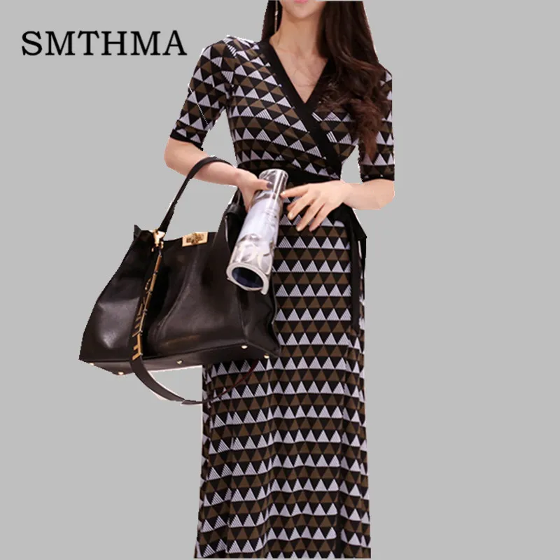

SMTHMA Sexy V-neck geometric Print Dress Women 2019 Summer Korean Dresses Bandage Vintage Long Dress Vestidos