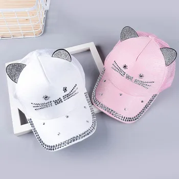 

Hot Unisex Baseball Cap Children Cat Ears Rivets Sun Cowboy Hat Snapback Rhinestones Diamond Cap Casual Cap Bone Gorro