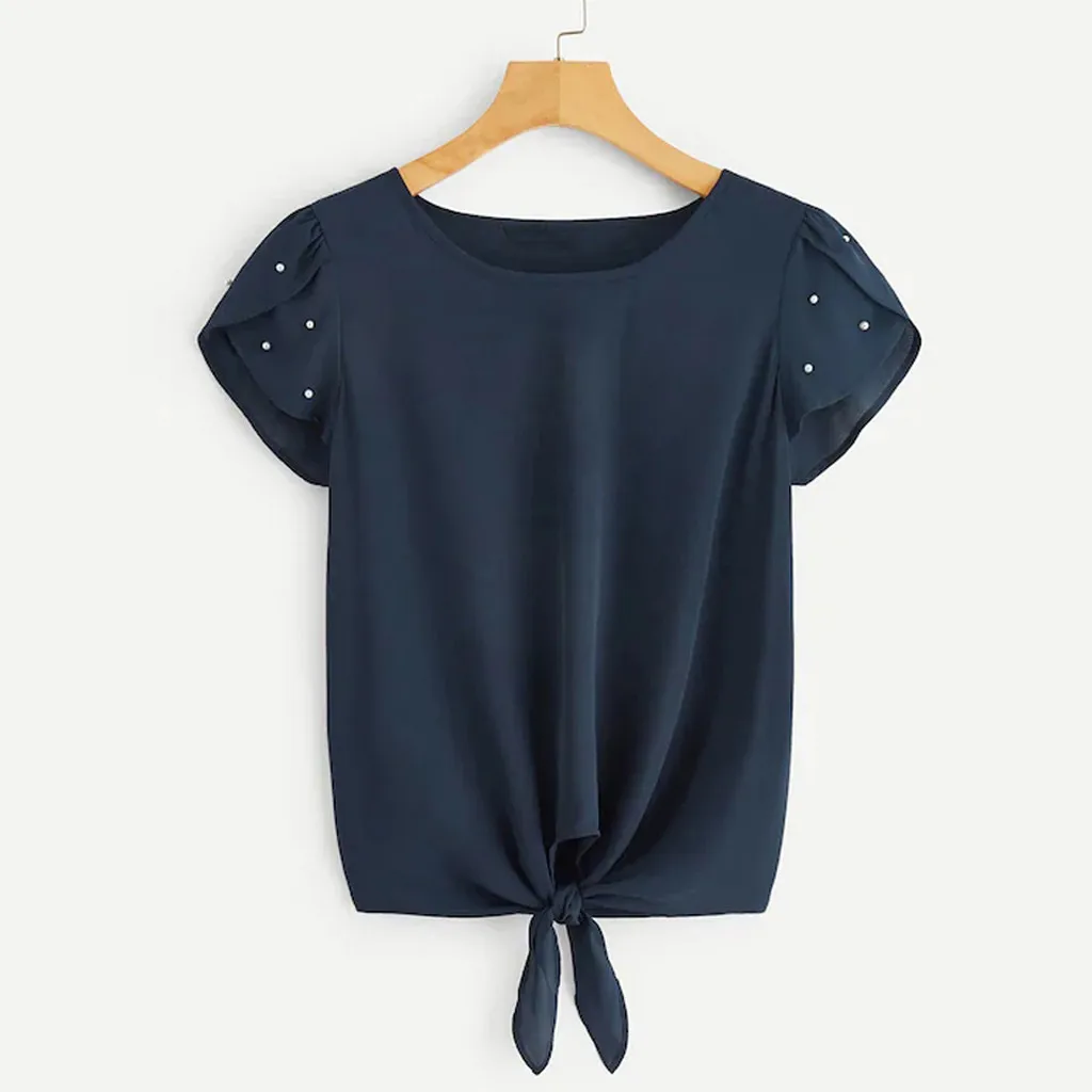 Women Chiffon Blouse Summer Solid Color Beadings Petal Short Sleeve Blouse Loose Tie Up Top Shirt women blouse short sleeve #15