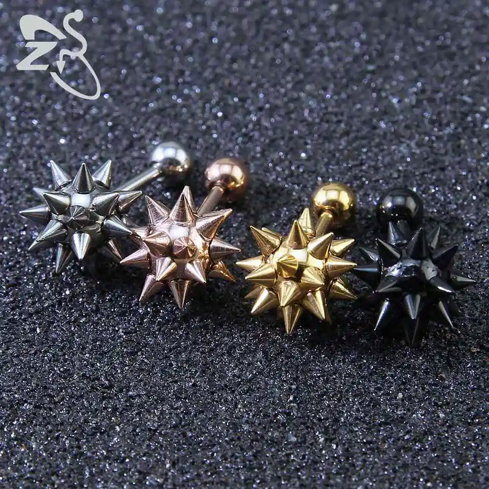 Punk Fashion Spike Earrings 4 Colors Stainless Steel Spiky Mace Shaped