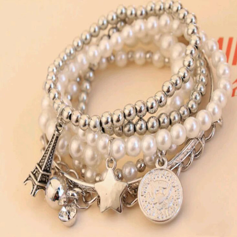 

Pearl of the Eiffel Tower multilayer female bracelets jewelry wholesale vintage pearl coin combination bracelets Party Gifts