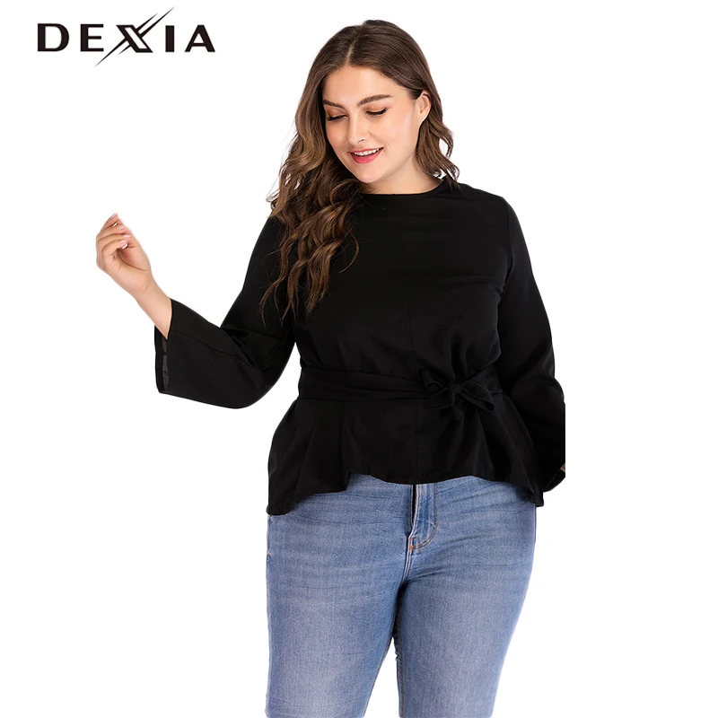 

DEXIA Ruffles Long Sleeve Black Shirt Women Tops O-Neck Autumn Loose Casual Solid Party Office Cotton Vadim Femme Blouse DM020