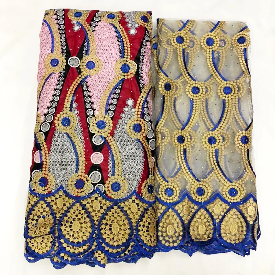 

Latest style Guipure Super Wax With Lace fabric High Quality Embroidered Wax Lace Fabric 6 yards+2yards African Net lace Fabric