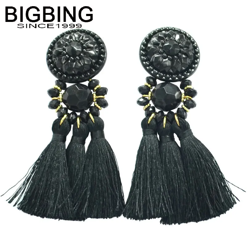 

T095 BIGBING jewelry fashion black crystal flower tassel stud long Earrings fashion women earring fashion jewelry