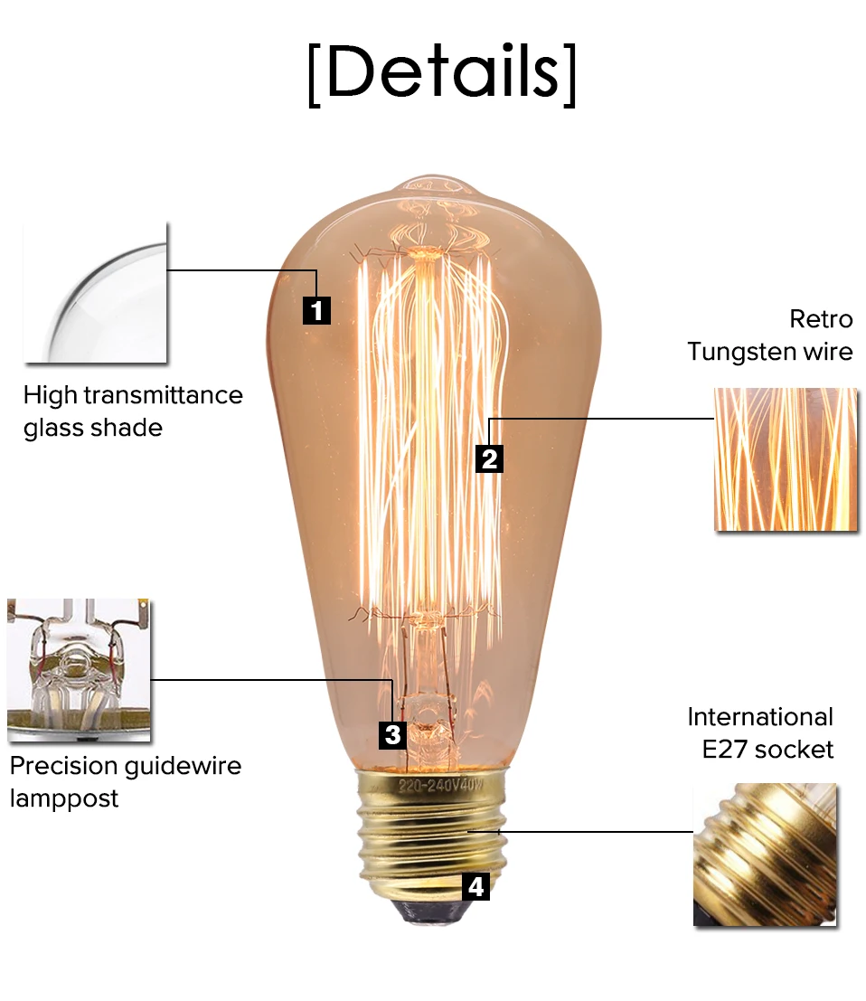 Лампа Эдисона, лампада, Ретро лампа E27, 220 В, 40 Вт, St64, Edison лампочки с ампулой, винтажный светильник накаливания, лампа, Рождественский светильник, ing светильник