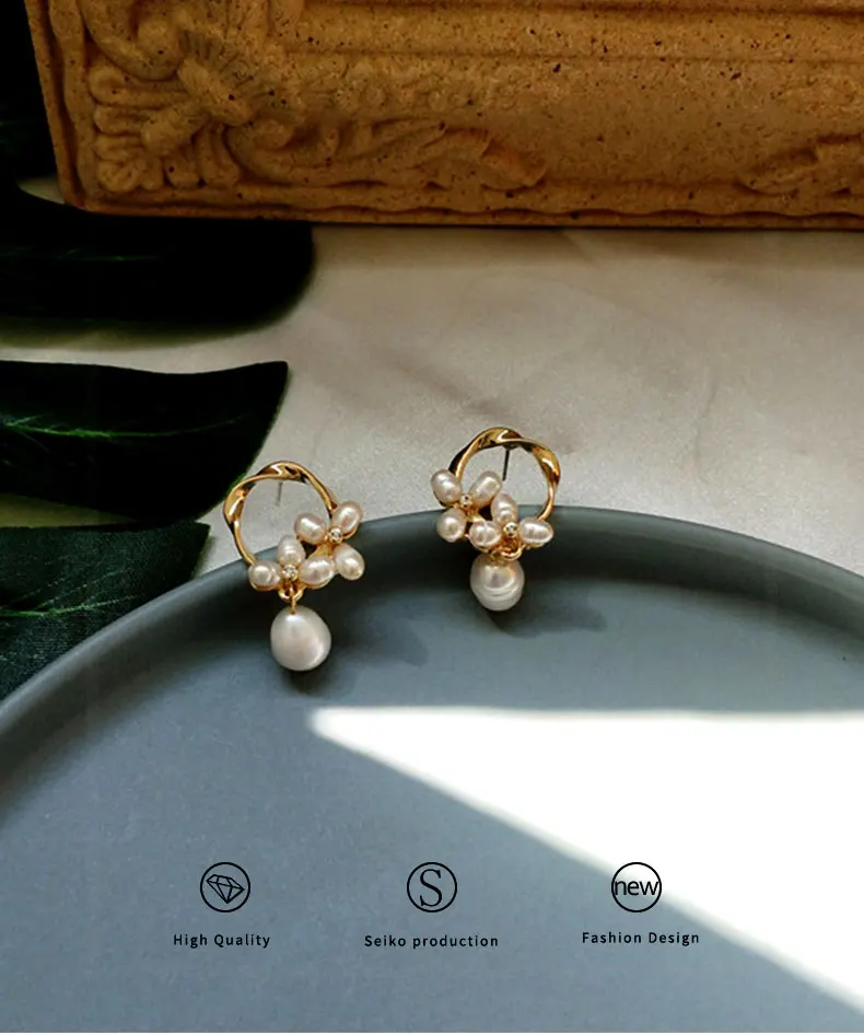 Best Lady New Ins Trendy Drop Earrings for Women Luxury Freshwater Pearl Wedding Gift Vintage Copper Statement Earrings