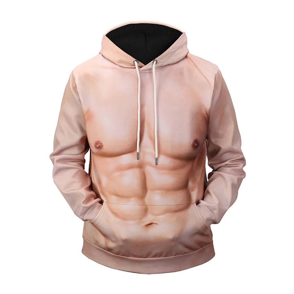 

CHAMSGEND Men's Fashion 3D Muscle Print Long Sleeve Hoodie Sweater Loose Casual Warm Pocket Sweatshirt Training Sports Top