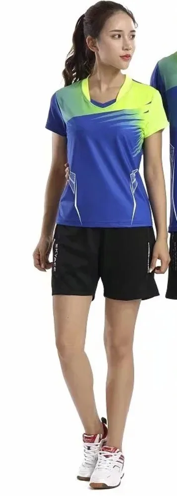 Новинка; летние спортивные дышащие быстросохнущие футболки для тенниса; одежда унисекс; футболка+ шорты; одежда для настольного тенниса; костюм; A2052YPC - Цвет: WOMEN BLUE SET