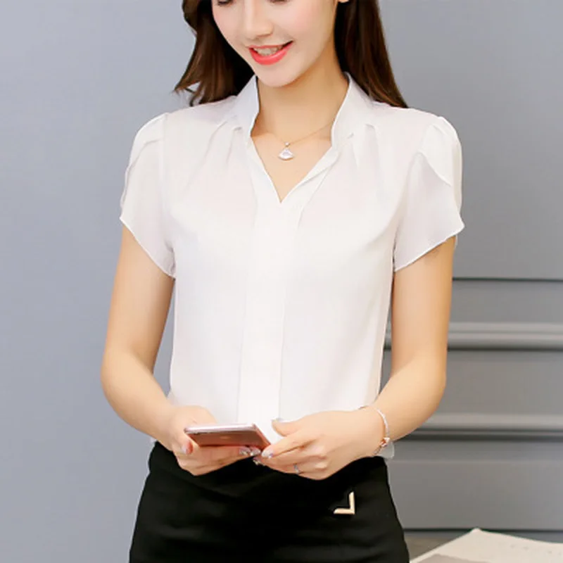 Summer Clothes White Pink Blue Red Chiffon Blouse Womens Tops and Blouses Short Sleeve V Neck Shirt Office Ladies Top Streetwear |