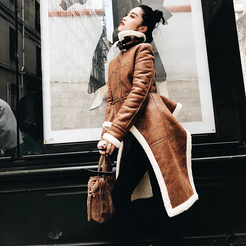 

Ruique Women 2018 New Fashion European American Style Winter Coats High Quality PU Leather Warm Jackets Brown Color Wool Jackets