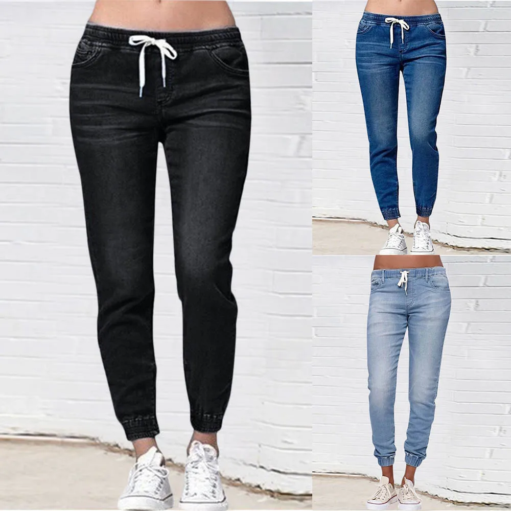 Новинка, осенние женские джинсы, высокая талия, шнурок, шнуровка, повседневные, свободные, длина по щиколотку, модные женские брюки-карандаш размера плюс