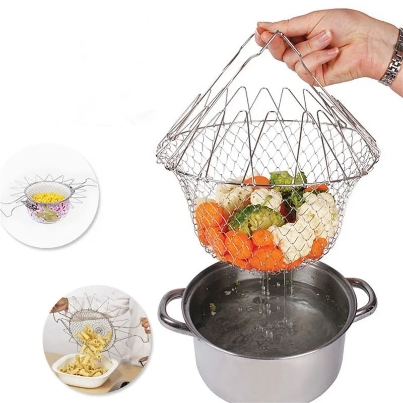 

Household Folding Stainless Steel Drain Basket Multi-Function Modern Home Kitchen Tool Fries Filter Artifact