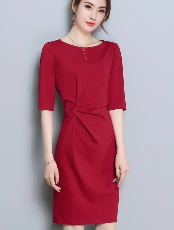 

Free Shipping 2018 Plus Size M-3XL OL Style Summer New Arrival Round Collar Short Sleeve Pure Color Pleated Woman Slim Dress