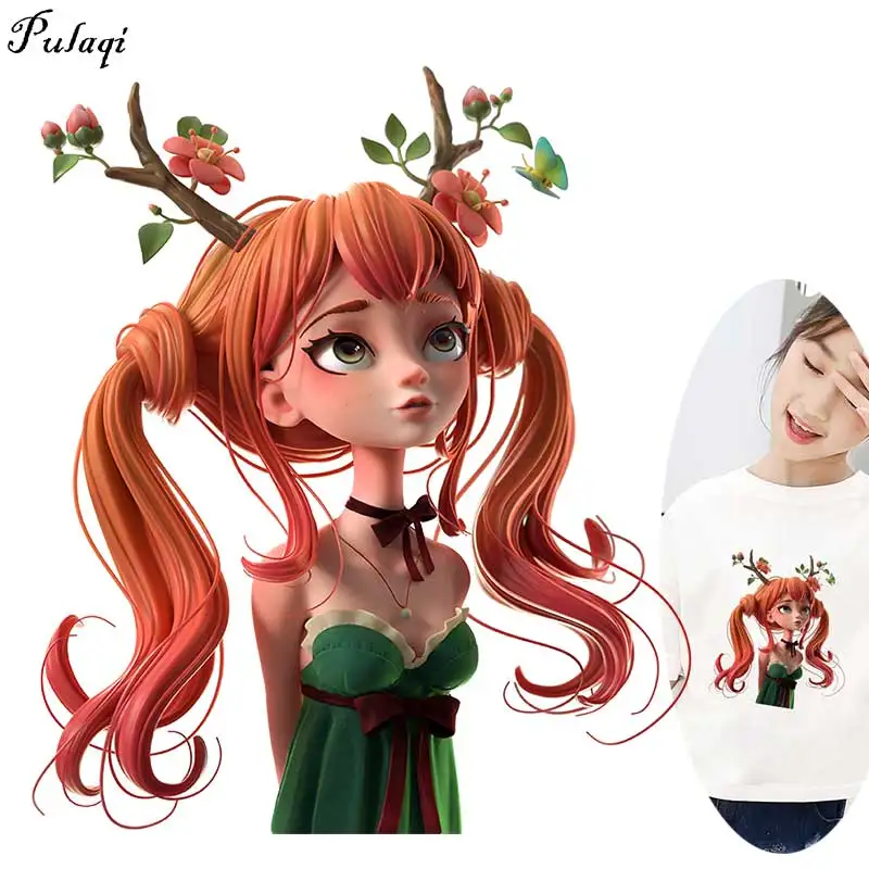 

3D Cartoon Druid Girl Stickers Iron On Transfers For Clothing Cute Girl Patches Stripe On Clothes Heat Transfers Stickers H