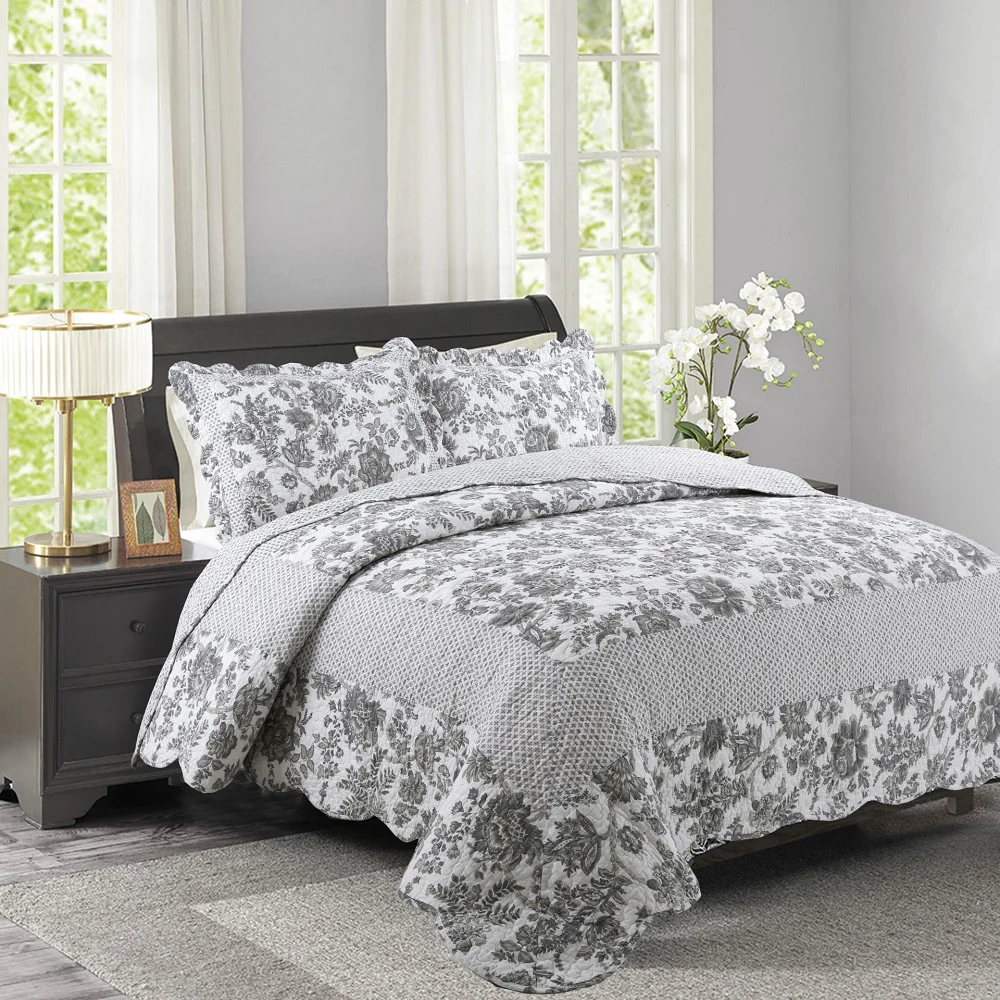 CHAUSUB Gray Cotton Patchwork Quilts Set 3pcs King Size Quilt Quilted Bedspread Bed Cover Bed Sheets Pillowcase Coverlet Blanket