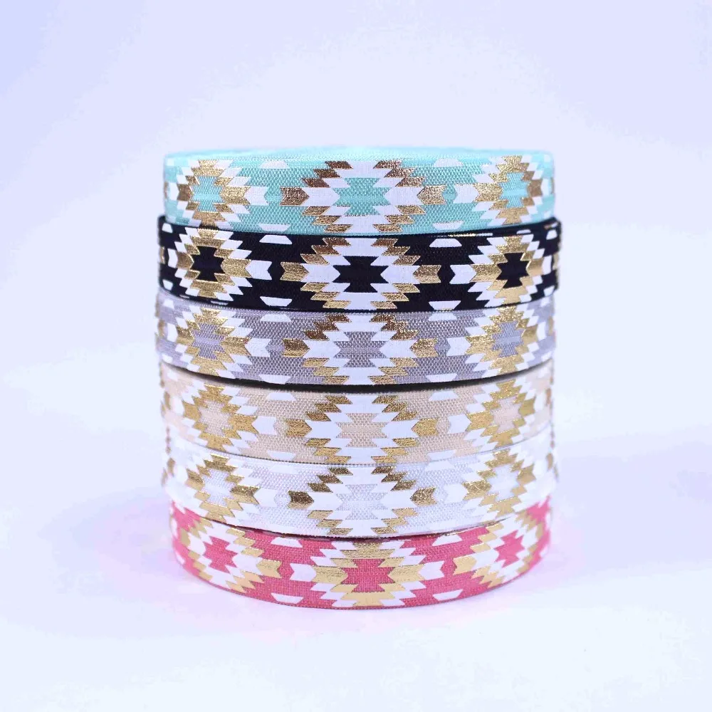 

10Yard per lot 5/8" gold foil Aztec printed FOE Elastic Ribbon for Hair Tie Headwear Hair Accessories