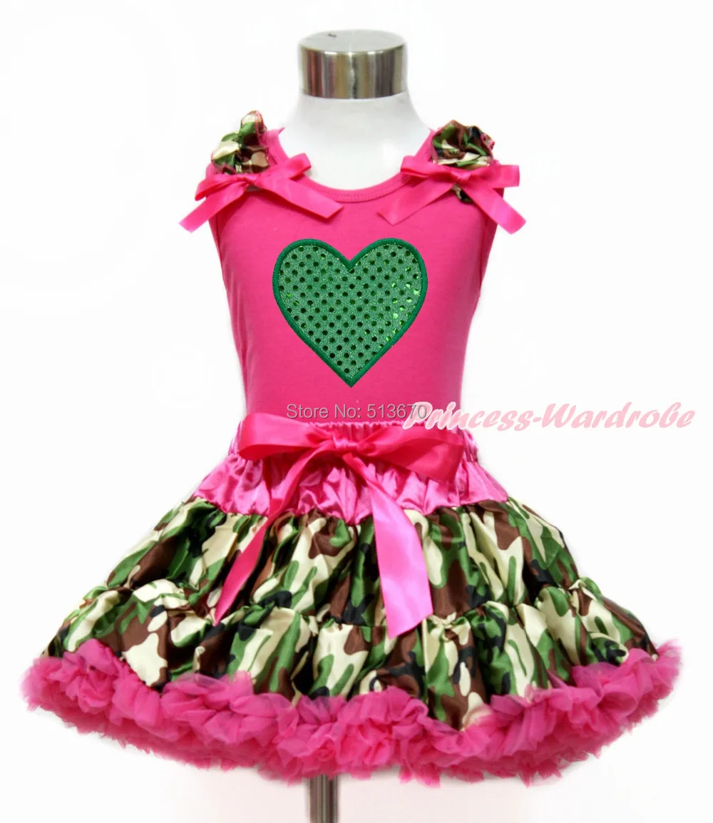 

Valentine Green Heart Hot Pink Top Shirt Camouflage Baby Girl Pettiskirt 1-8Y MG1203