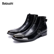 Batzuzhi Rock Western Boots Men Metal Tip Safety Ankle Leather Boots Men Party, Runway Dress Boots for Men zapatos de hombre, 12 metal decor luxury brand superstar runway men boots sapatos masculino design men ankle short booties western cowboy hommes boot