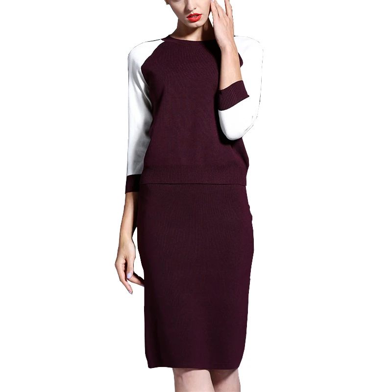 Spring Two Piece Sweater Skirt Set Woman Raglan Sleeve Sweater Shirts Top And Wrap Split Knit 