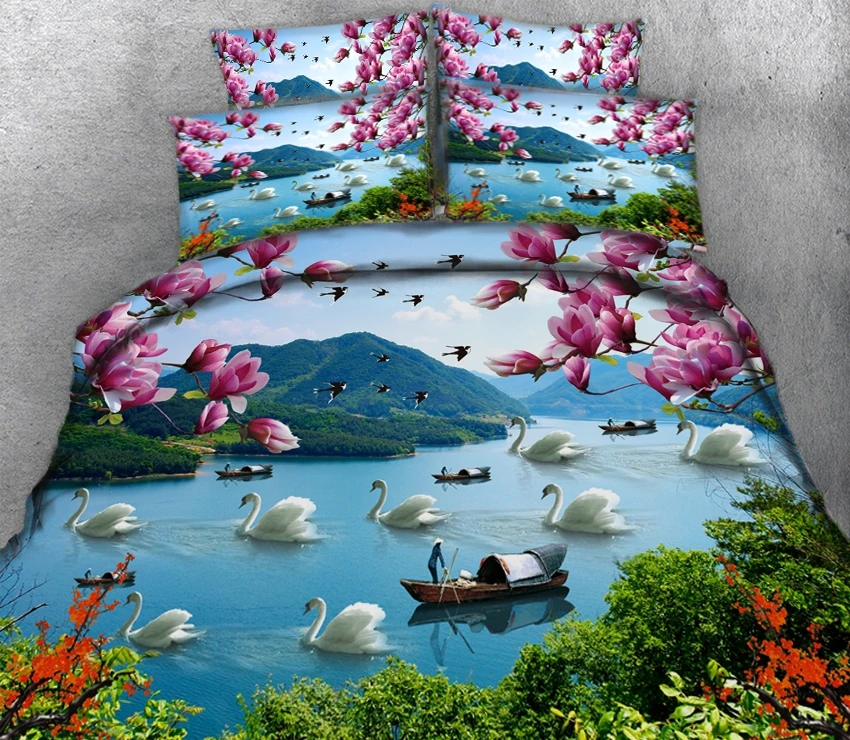 

Lake in the boat and swan 3d effect photo bed linen can be customized photo pattern