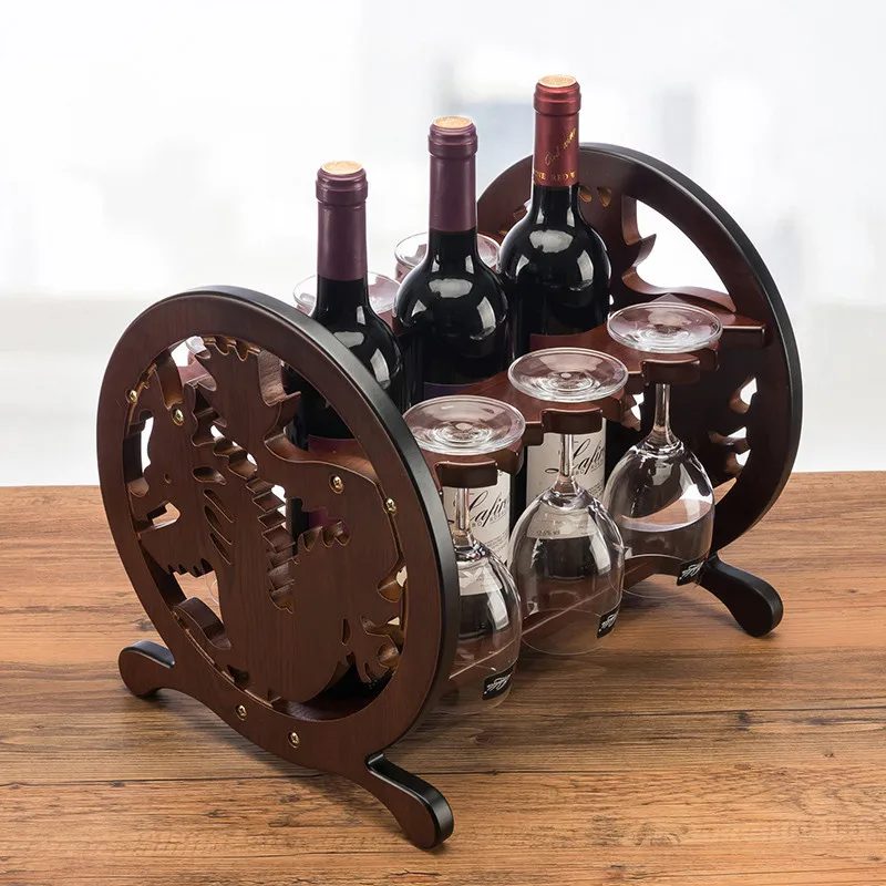 

Creative Twelve Chinese Zodiac Signs Dragon Wine Red Wooden Red Wine Rack Three Bottles Holder