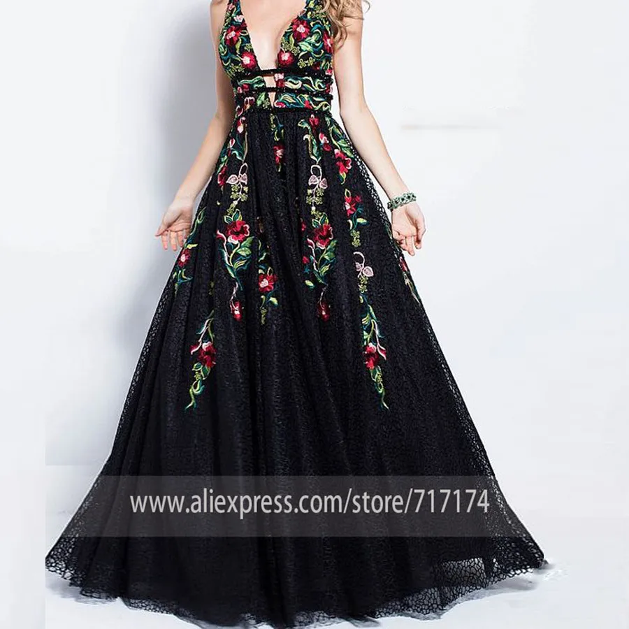 

Sexy Deep V-neck Neckline with Beading Sleeveless Prom Dress with Applique Backless A-line Sweep Train Evening Party Dress