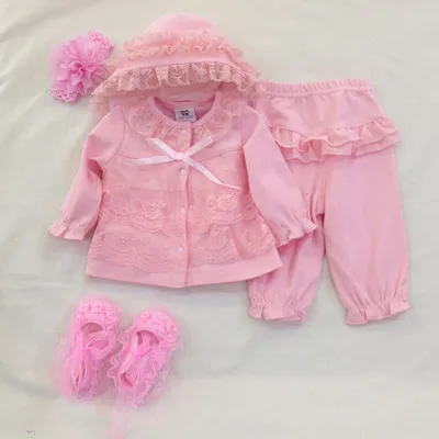 Милый комплект одежды из 3 предметов для новорожденных девочек на первый день рождения, новая стильная одежда для малышей, детская шапка, обувь, повязка на голову, Кружевной Костюм для малышей 0-12 лет - Цвет: pink set 5 pcs