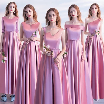 

New Arrival Satin Pink A line Bridemaid Dresses 2018 Long Formal Wedding Party Prom Dresses robe de soiree vestido de noiva